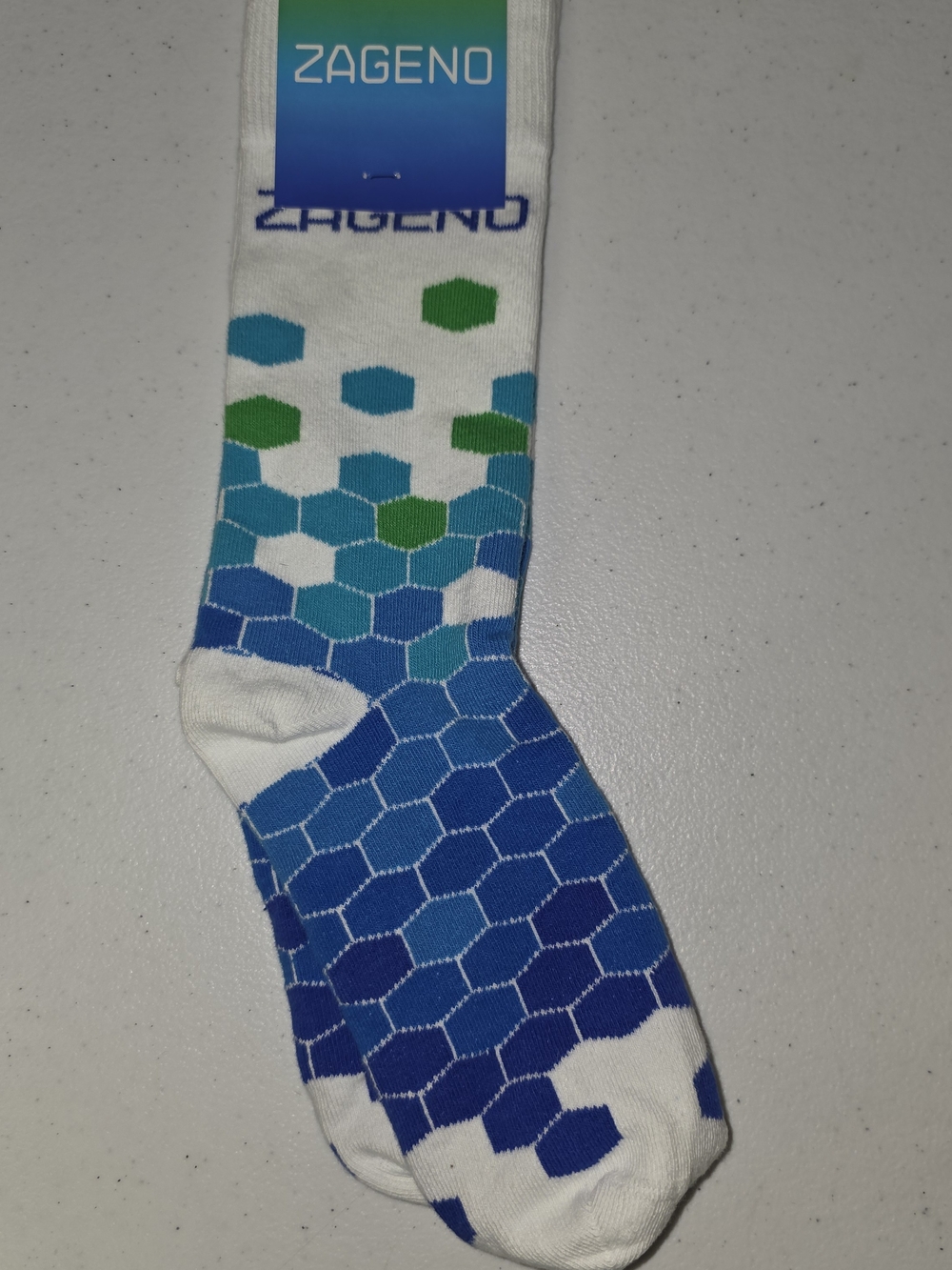 Zageno X Sock Club  Men's White Socks with Blue & Green Hex Pattern Made In USA